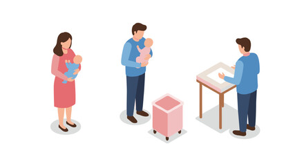 Obraz premium Isometric parenting scene with mother and father caring for babies