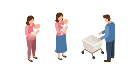 Fototapeta premium Isometric family scene with parents and baby on white background