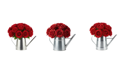 Red rose arrangement in metal watering can png