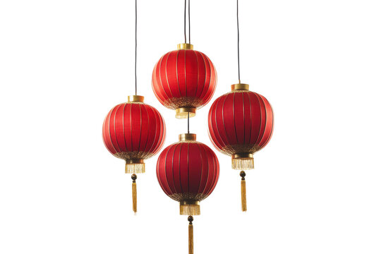 Red chinese lanterns hanging isolated on transparent background. Red chinese lanterns with gold accents hanging against a white background.