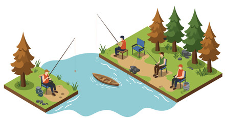 Fototapeta premium Isometric fishing scene with people on lake shore surrounded by trees