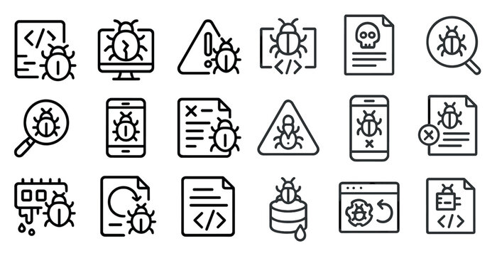 Bug and error outline icons set &ndash; linear, coding, and debugging symbols