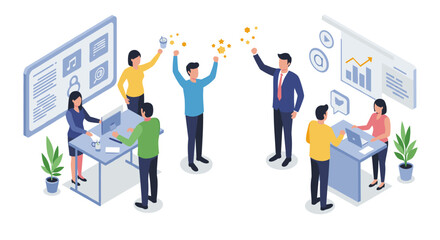 Isometric office teamwork and collaboration in a modern workspace