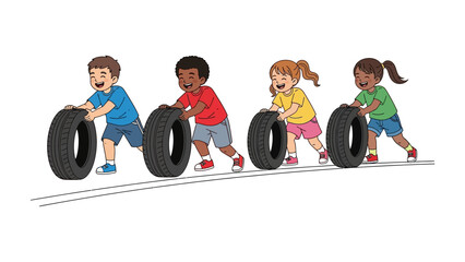 Teamwork with Tires: A joyful ensemble of children collaborates, pushing tires along a path in a vibrant display of unity and shared experience. © Rahimatul