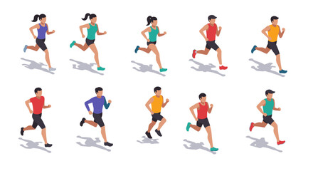 Isometric runners jogging in activewear on white background