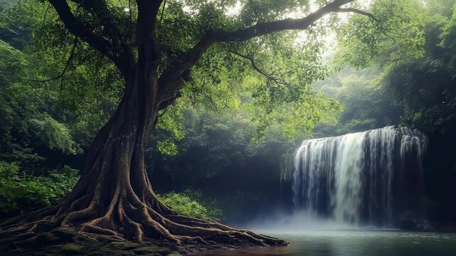 A large, ancient tree with exposed roots stands by a misty jungle waterfall