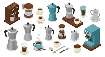 Isometric coffee makers and cups collection featuring various brewing methods