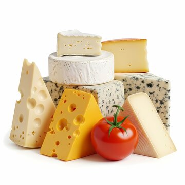 Assorted Cheese Selection Isolated on White with Tomato, Gourmet Dairy Variety