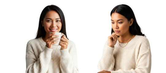 Cozy woman with mug in cream sweater, cozy winter portrait, cozy tea coffee moment, cozy sweater, Isolated on transparent background, png