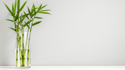Naklejka premium Elegant Green Bamboo Plant in Clear Glass Vase on Minimalist White Background for Tranquil Home Decor and Wellness Spaces
