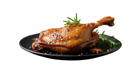 Roasted duck leg confit with rosemary on a black plate isolated PNG with Transparent Background