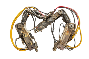 Close up of a robotic hand with articulated fingers isolated on transparent background. Robotic arms with cables on empty isolated on white background.