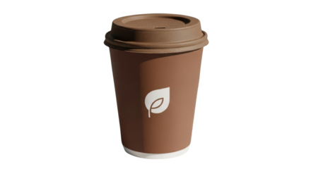 Brown takeaway coffee cup with leaf logo isolated PNG with Transparent Background