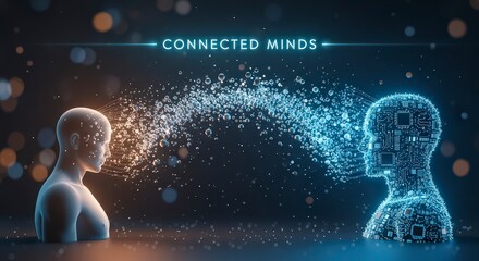"Connected Minds" Digital minds connecting with a network of flowing particles