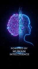 "Powered By Human Intelligence" Digital silhouette of a human head with an AI brain glowing