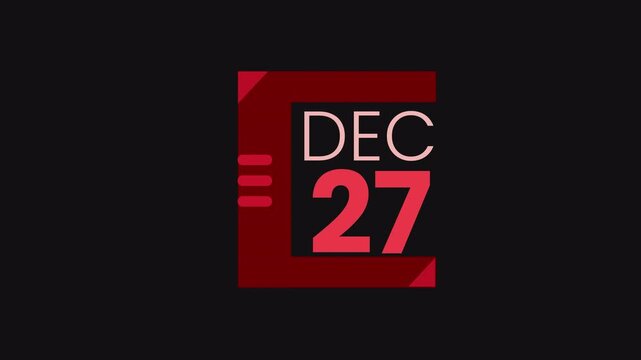 27th December calendar icon animation. Alpha matte with transparent background 4K resolution.