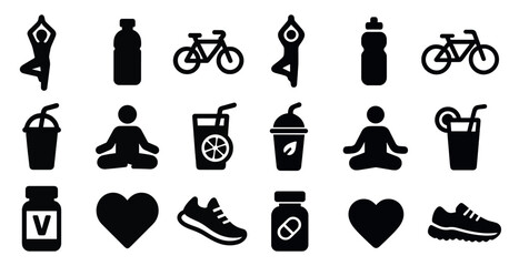 Fitness and wellness icons set – solid, silhouette, yoga and exercise symbols