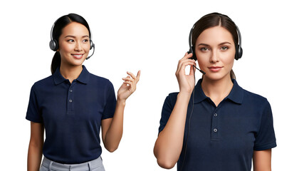 Call center women with headsets in navy polo, call center support agents, call center customer service team, call center headset, Isolated on transparent background, png