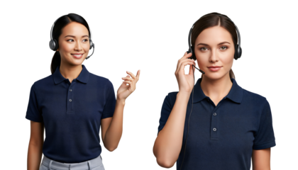 Call center women with headsets in navy polo, call center support agents, call center customer service team, call center headset, Isolated on transparent background, png