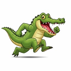 Fototapeta premium Cheerful cartoon crocodile character running with wide smile and energetic expression on bright white background illustration
