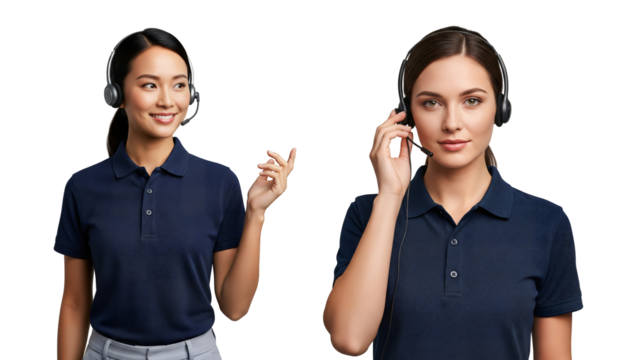 Call center women with headsets in navy polo, call center support agents, call center customer service team, call center headset, Isolated on transparent background, png