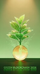 "Green Blockchain 2026" Plant Growing Out Of A Digital Coin Representing Finance