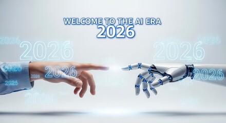"Welcome To The Era AI 2026" Human and Robot Hands Touching Representing AI Era in 2026