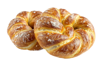 Golden braided challah bread rolls with sugar crystals isolated on transparent background. Salted pretzels isolated on white background.