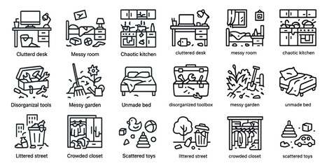 Messy room line icons set – outline, clutter, disorganized and chaotic symbols