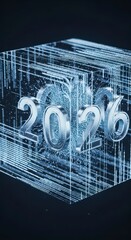 Metallic 2026 in a digital cube illustration with bright lines