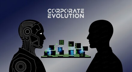"Corporate Evolution" Robot and Human Facing Each Other Representing Corporate Evolution