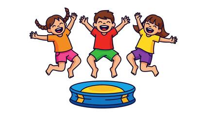 Joyful Leap: Three children, beaming with joy, leap over a colorful inflatable pool, capturing the essence of youthful energy and carefree fun.