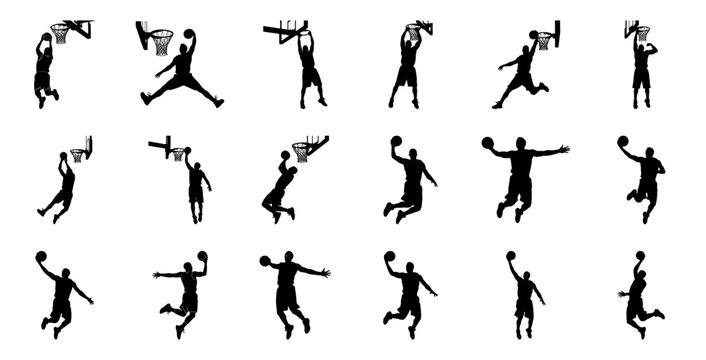 Basketball players dunking and shooting silhouette