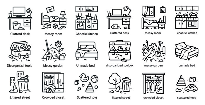 Messy room line icons set &ndash; outline, clutter, disorganized and chaotic symbols