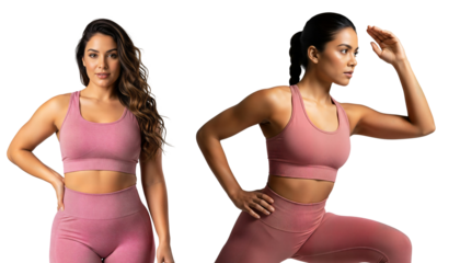 Fitness woman in pink sportswear, fitness athlete portrait, fitness workout model poses, fitness activewear set, Isolated on transparent background, png