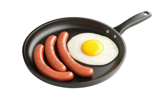 Fried egg and sausages in a frying pan isolated on transparent background. Sausages and egg on frying pan isolated on white background.