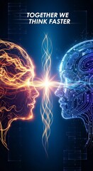 "Together We Think Faster" Abstract image depicting human and AI head profiles with connection