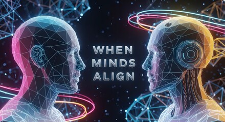 "When Minds Align" Two Futuristic Artificial Intelligence Heads Facing Each Other