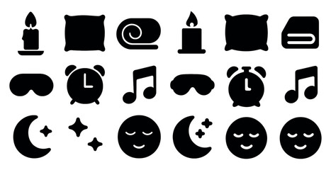 Sleep and relaxation icons set – solid, silhouette, bedtime and rest symbols
