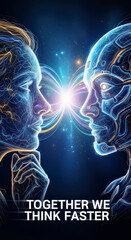 "Together We Think Faster"  Two Digital Humanoids Looking Toward Each Other With Energy Rays
