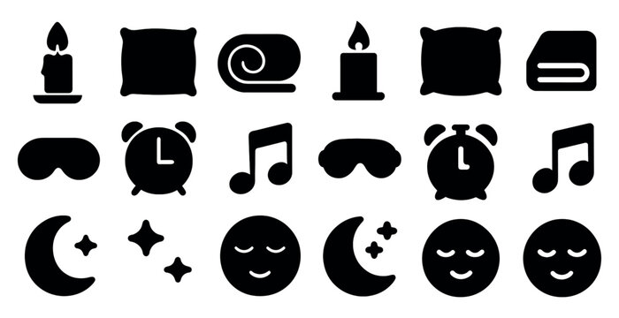 Sleep and relaxation icons set – solid, silhouette, bedtime and rest symbols