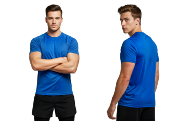 Blue athletic T‑shirt front and back, athletic tshirt mockup, athletic sports tee template, athletic tshirt, Isolated on transparent background, png