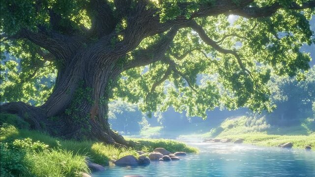 A majestic old tree with lush green foliage stands by a clear, tranquil stream
