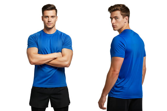 Blue athletic T‑shirt front and back, athletic tshirt mockup, athletic sports tee template, athletic tshirt, Isolated on transparent background, png