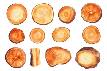 Collection of carrot slices isolated on transparent background. Set of carrot slices isolated on white or white background .