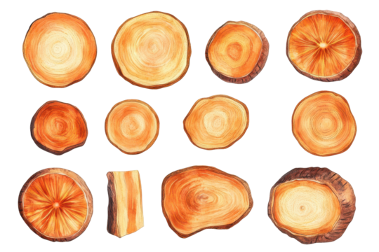 Collection of carrot slices isolated on transparent background. Set of carrot slices isolated on white or white background .