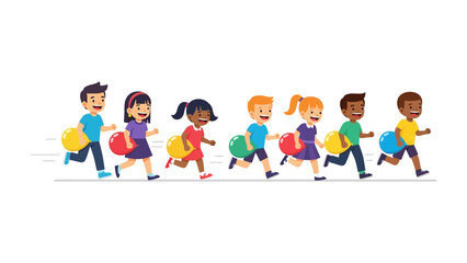 Playtime Procession: Joyful children, each clutching a vibrant balloon, sprint forward in a scene of pure childhood energy and camaraderie. 