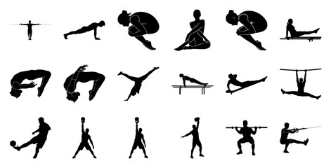 Diverse athletic poses and exercises silhouette fitness