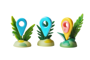 Collection of colorful location pin icons isolated on transparent background. Set of cartoon location pin isolated on white background, 3d rendering.