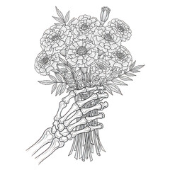 Skeleton hand holding a bouquet of marigolds in a detailed line art drawing, isolated on transparent background